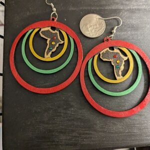 Handmade Africa Map Wooden Hoop Earrings in Red, Green & Yellow